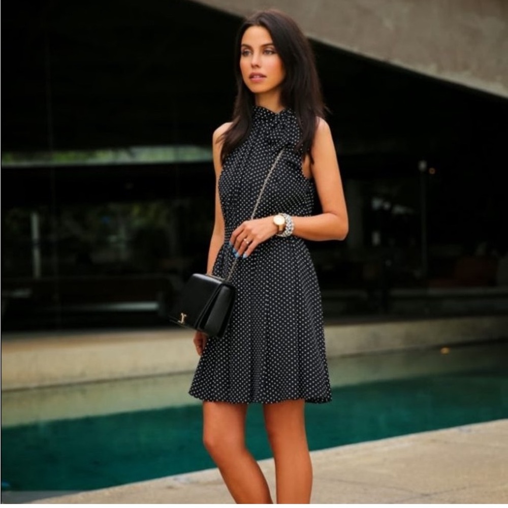 Express polka dot 0 XS halter neck tie bow dress formal mini flowy fit flare